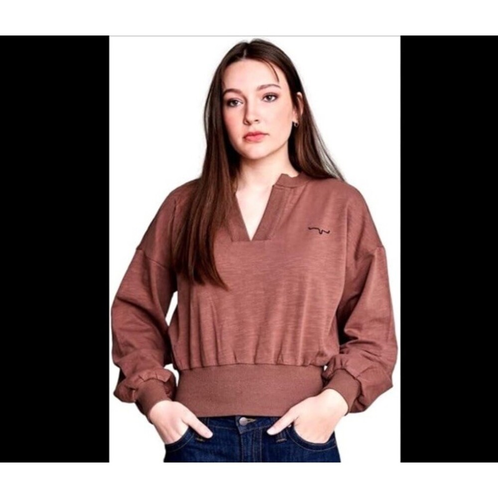 Kimes Ranch Dewey V-neck Womens Brown Large Western Long Sleeve Loose Fit Crop